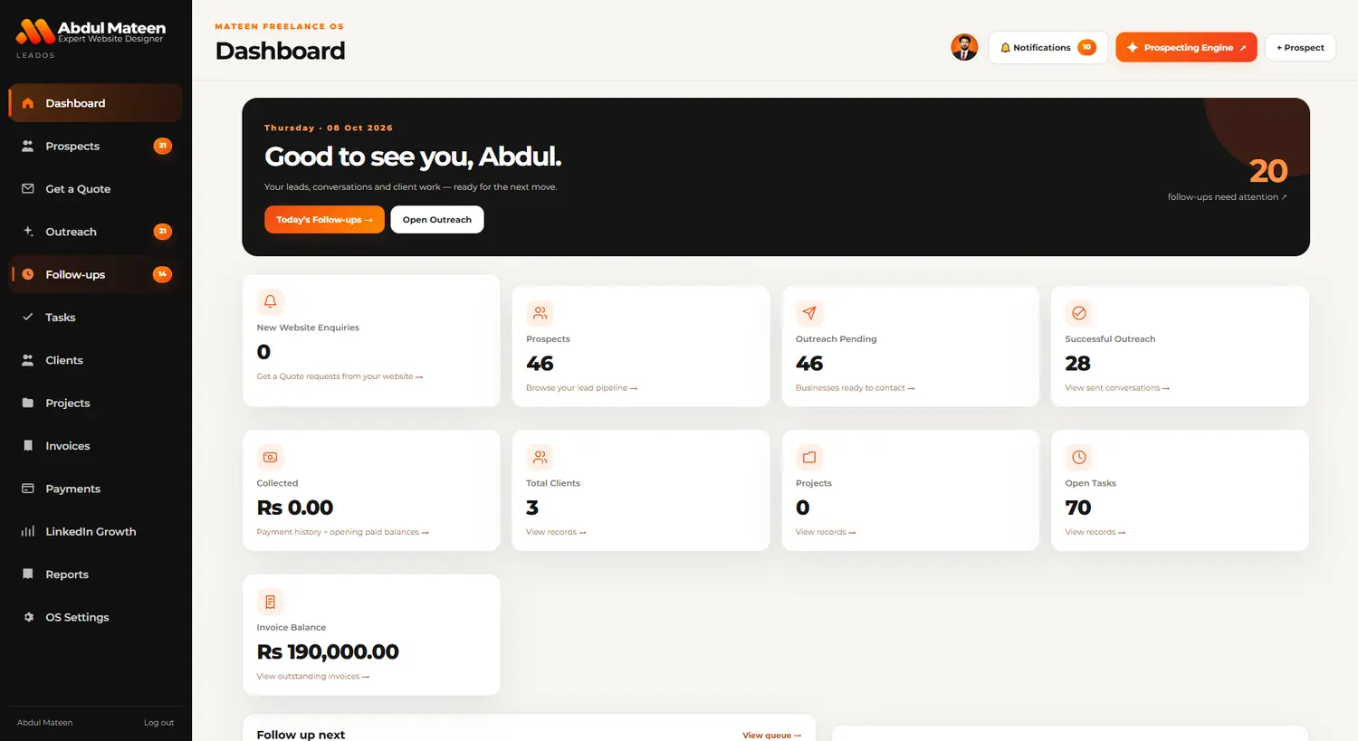 Mateen Freelance OS real dashboard screen