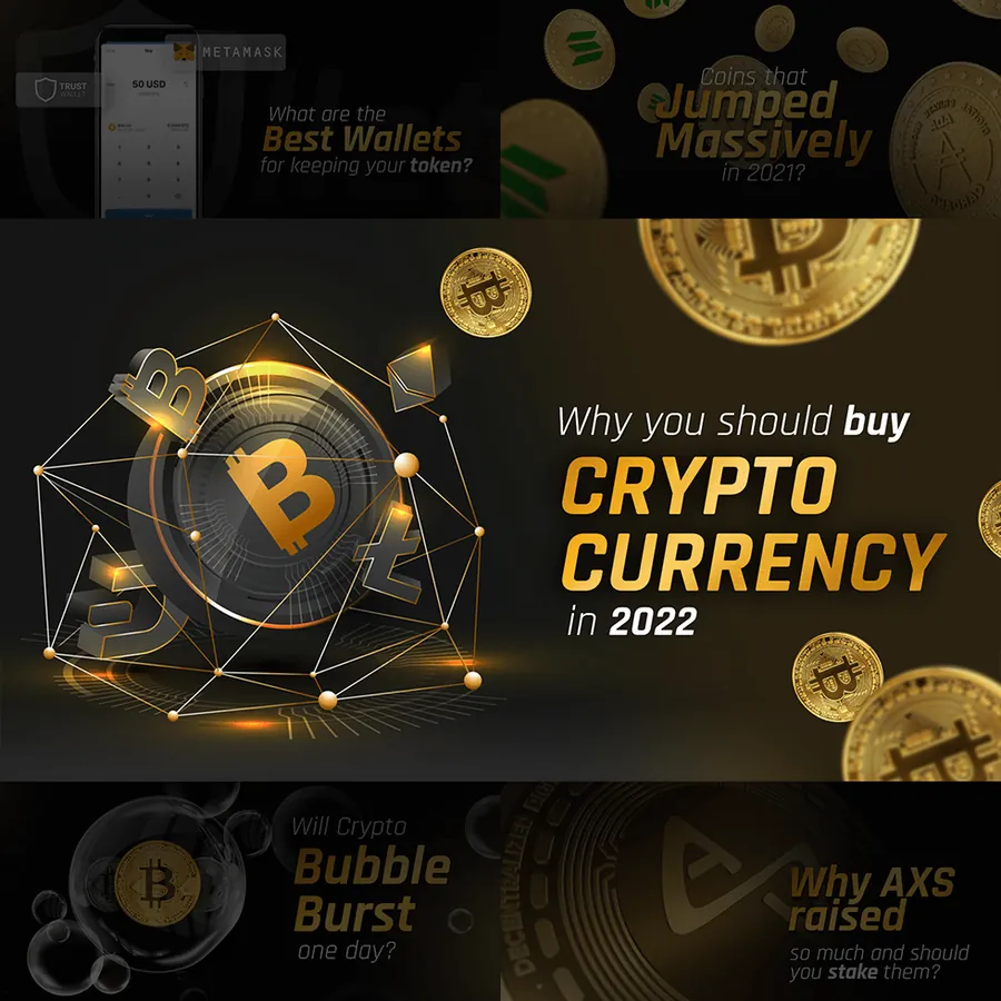 Crypto currency YouTube thumbnail design collection with gold and dark visual style